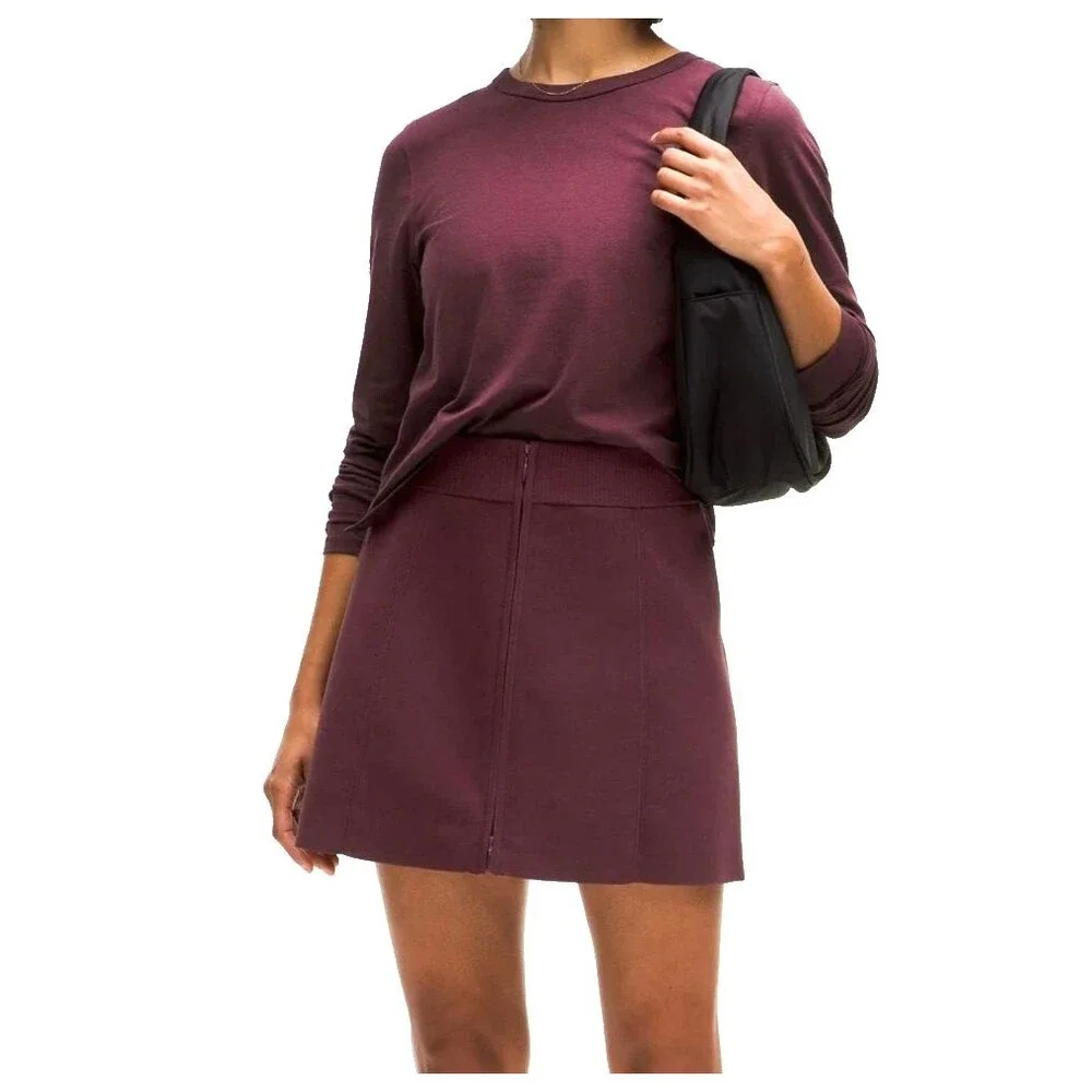 Lululemon Ribbed Knit Mini Skirt L Front Zip Garnet Burgundy Stretch Athleisure